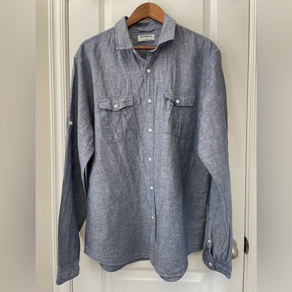 EXPRESS Men’s Blue Linen Long Sleeve Button Down Shirt. Size XL